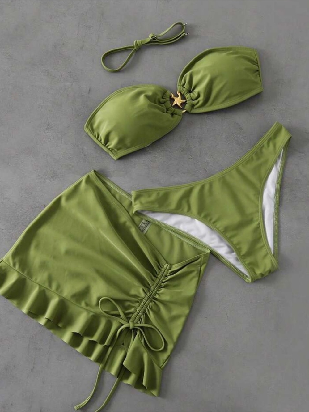 Olive Green Bandeau Bikini Set with Skirt - Women Swim